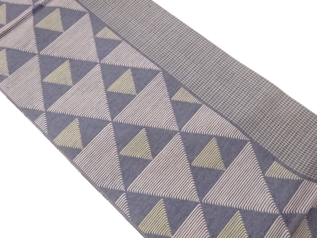 手織り紬縞に格子・鱗模様織出し全通袋帯